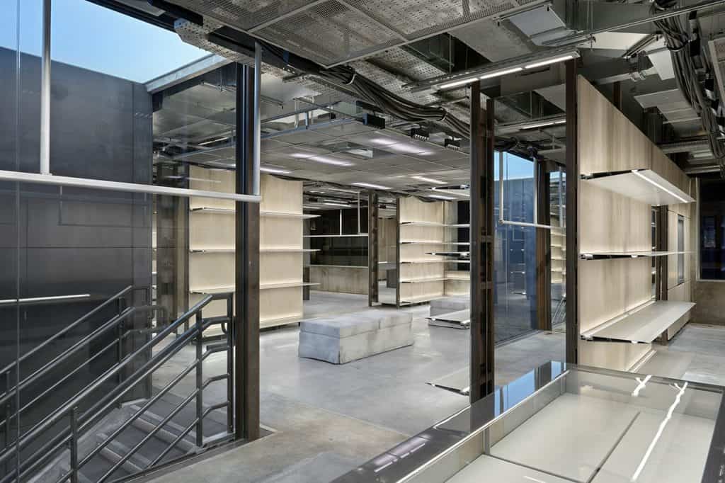 Balenciaga's New London Store with shelves and stairs.