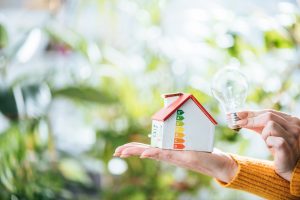 cropped view of led lamp and carton house model in woman hands, energy efficiency at home concept